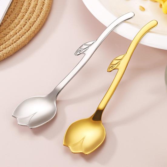 Kitchen Dining Accessory Tulip Shaped Stainless Steel Spoon, Long Handle Coffee Ice Cream Dishwasher Safe Spoon Dessert Serving with Hanging