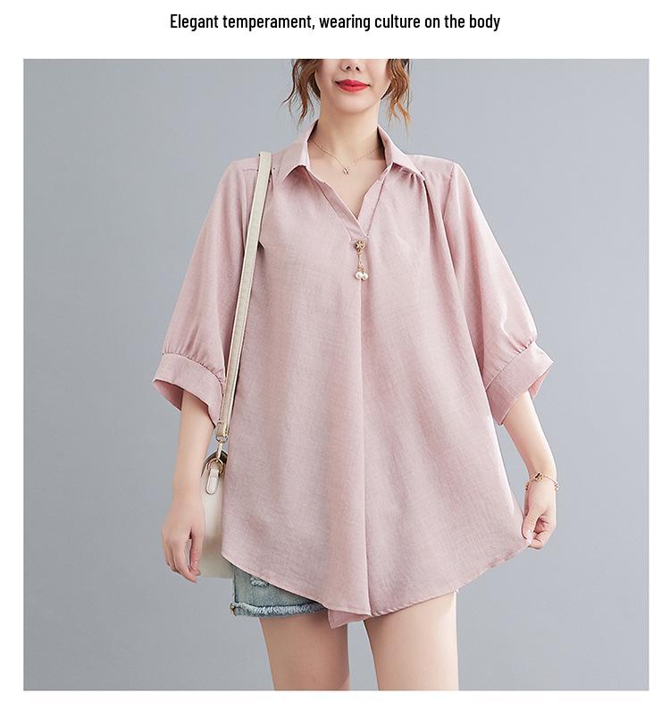 2026 Stylish Cotton Linen V-Neck Casual Plus Size Shirt with Belly Coverage and Wide Hem
