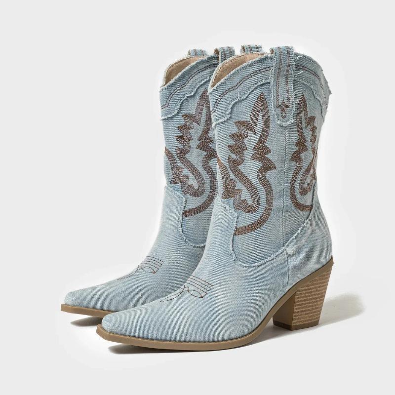 Autumn and Winter Women's Embroidered Charm Western Cowboy Boots Ladies Retro Casual Elegant Ankle Jeans Boots Plus Size