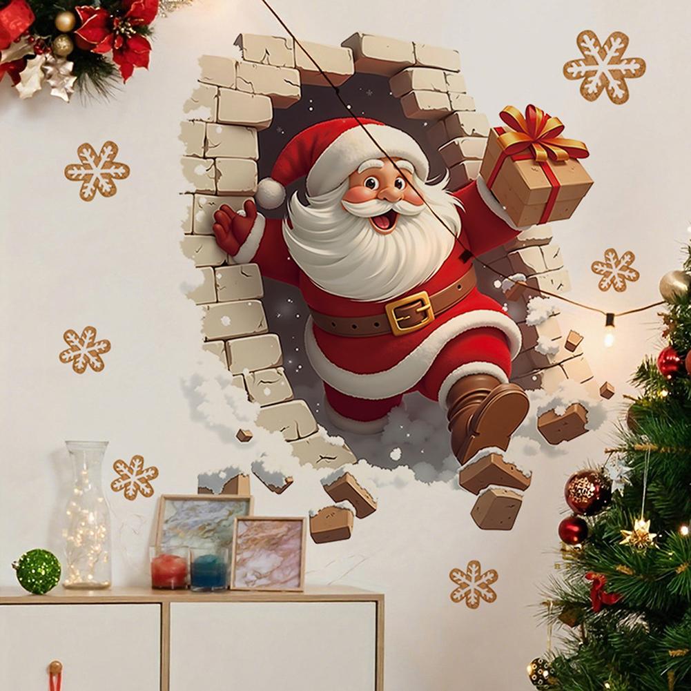 3pcs Paper Santa Claus Wall Decal Wall-Breaking 3D Christmas Wall Sticker for Xmas Window Toilet Wall Refrigerator Decorations