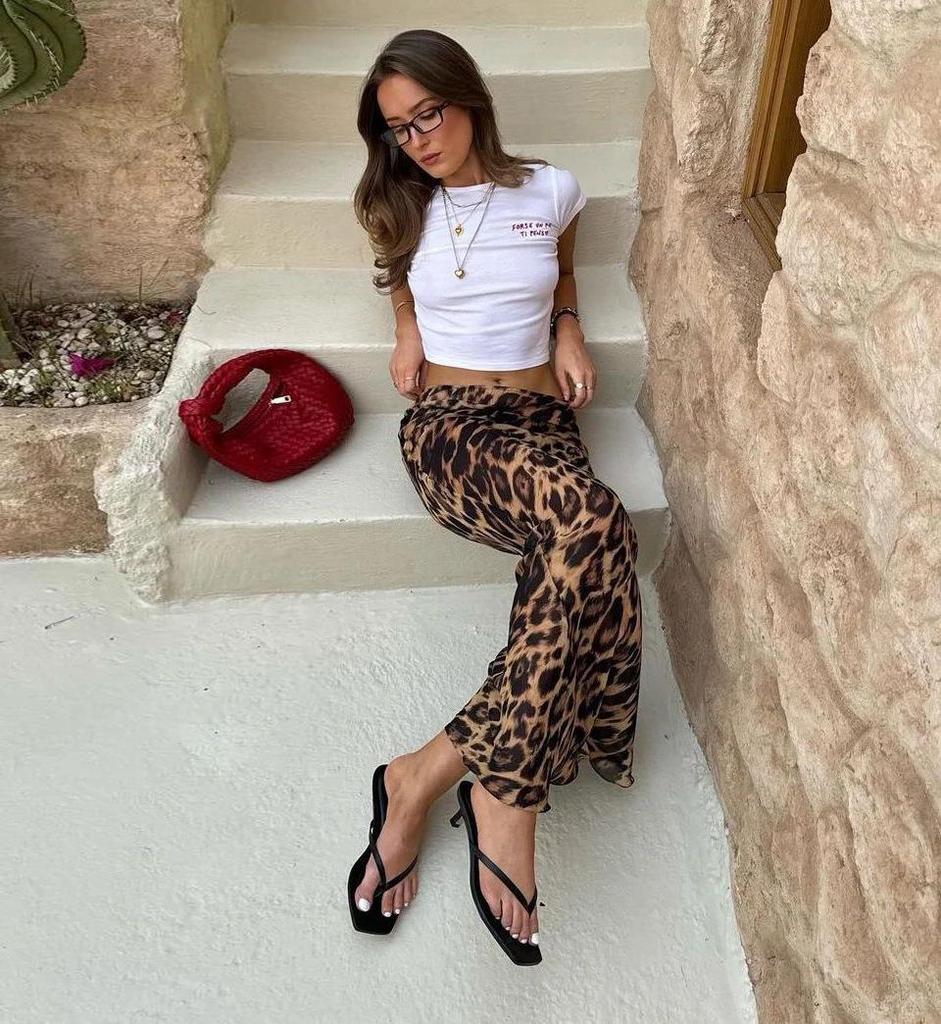 Retro Leopard Print Classic Mid-Waist Fishtail Skirt - European/American Style