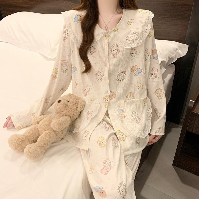 Mikko Cartoon Doll Collar Pajamas Women'S Cloud Cotton Sweet Girl Loungewear Set