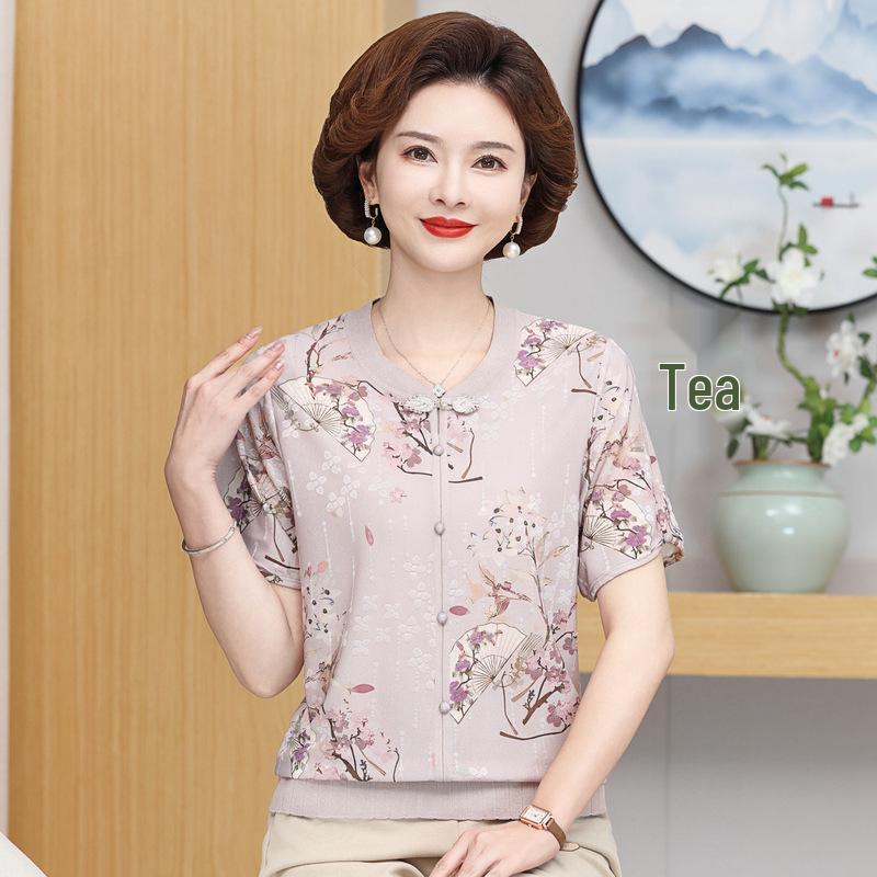 Chinese Style Ice Silk T-shirt for Middle-aged Women: Short-Sleeved, Summer Shirt L (Recommended 80-100 jin)