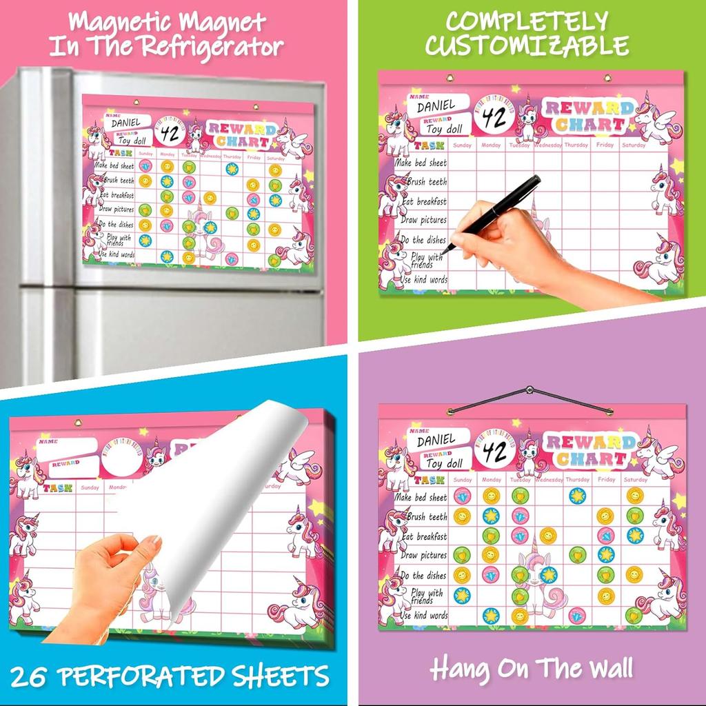 Reward Chart for Kids, Unicorn Magnetic Kids Behavior Chart, Pad with 26 Chore Charts, 2080 Star Stickers, 70 Incentive Stickers, Responsibility