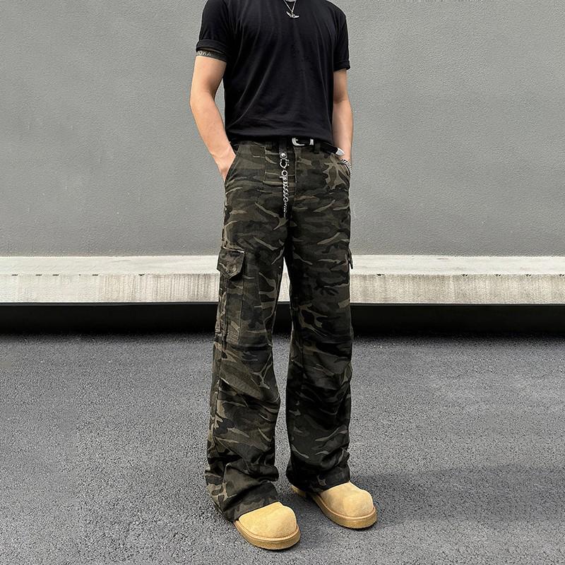 Unisex Retro Camouflage Multi-Pocket Flare Work Pants