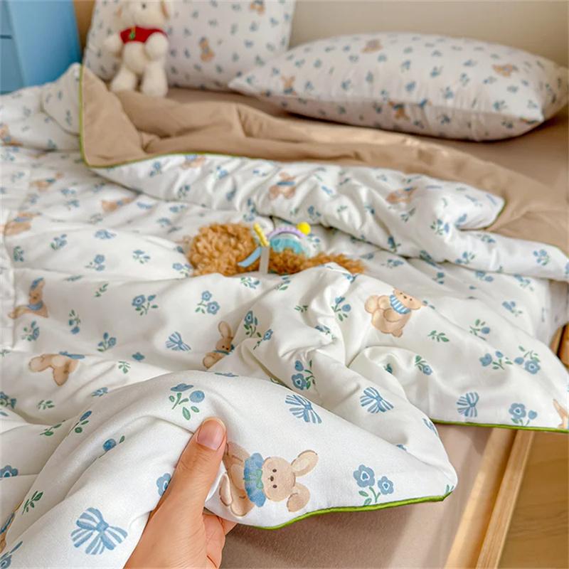 Cartoon Printed Wrinkled Yarn Summer Quilts Cozy Single and Double Air-Conditioned Quilt Cooling Breathable Home Soft Bedspread