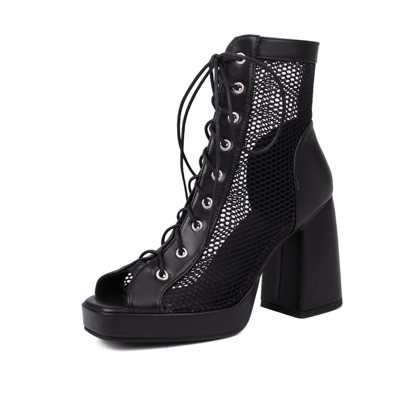 FOREADA Women Hollow Mesh Sandals Peep Toe Thick High Heels Lace-up Platform Sexy Comfort Jazz Dance Boot Ladies Shoes Summer 46