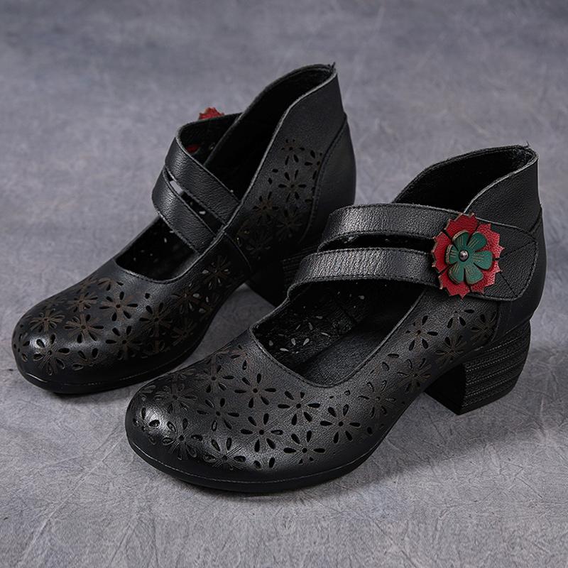 

Мода GKTINOO 2025 Весна Модные Цветы Натуральная Кожа Туфли-лодочки Перфорация Толстый Каблук Ремешок Средний Каблук Мягкая Подошва Обувь для Мамы Сандалии 35