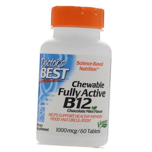 Активний Вітамін В12, Chewable Fully Active B12 1000, Doctor's Best 60таб Шоколад з м'ятою (36327019)