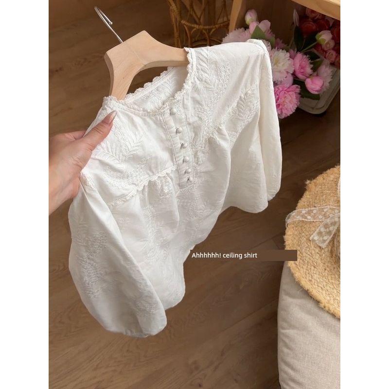Chinese-Style Women's Clothing, Retro National Style Puff-Sleeve Embroidered Shirt, 2026 Early Spring New Model, Sweet and Age-Reducing Slimming Top