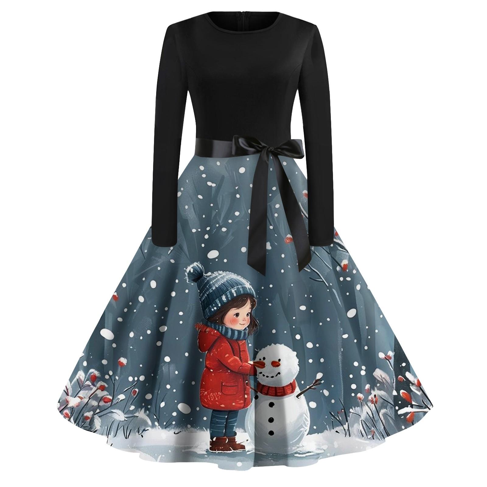 

Женская мода винтаж с длинным рукавом и круглым вырезом с рождественским принтом вечерние платья платья M шафрановый