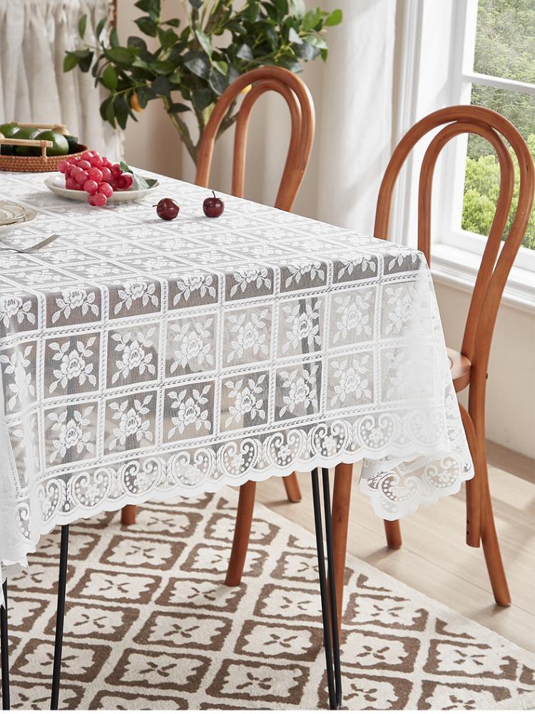 French Romantic Retro Palace Style White Lace Embroidery Rectangular Tablecloth for Tea Table and Dining Table with Dust Cover