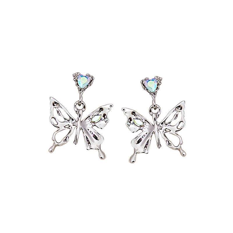111 Silver Needle Metal Cold Water Diamond Love Butterfly Stud Earrings Women, Niche Design Advanced Earrings Earrings