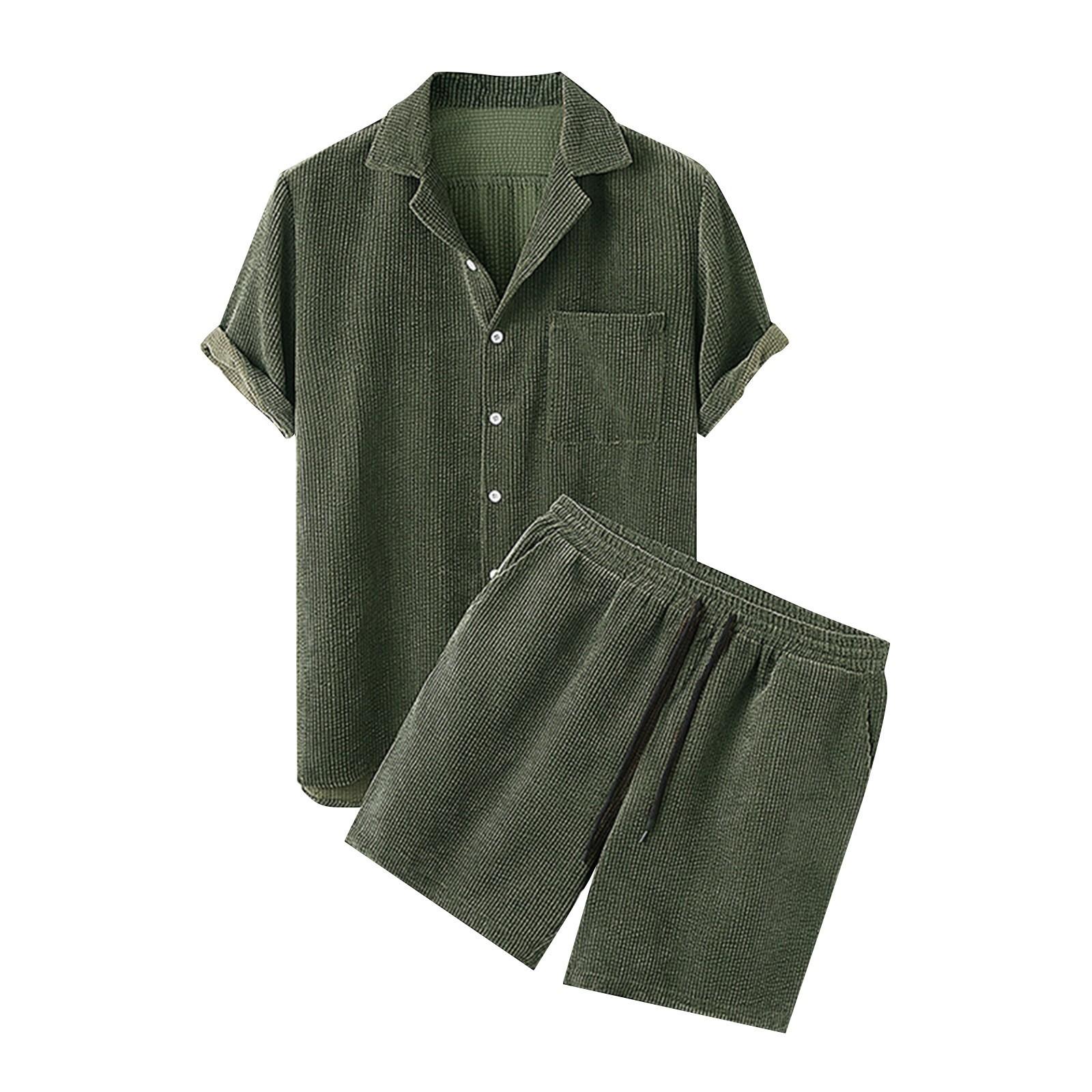 Men s Summer Color Corduroy Men s Shirt Short-sleeved Shorts Casual Sports Suit M