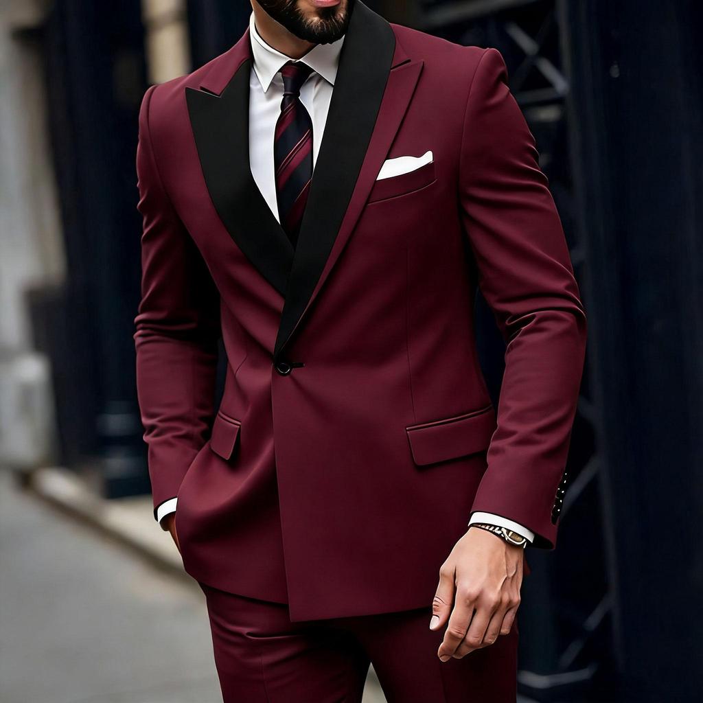 Unqiue Lapel Design Men Suits 2 Pieces Jacket Pants Sets One Button Flat Front Elegant Blazer Wedding Groom Male Clothing