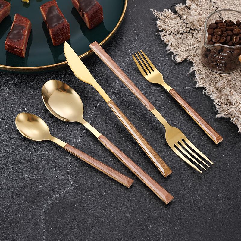 Stainless steel knife, fork and spoon set, household western tableware, steak knife imitation wood grain holder set