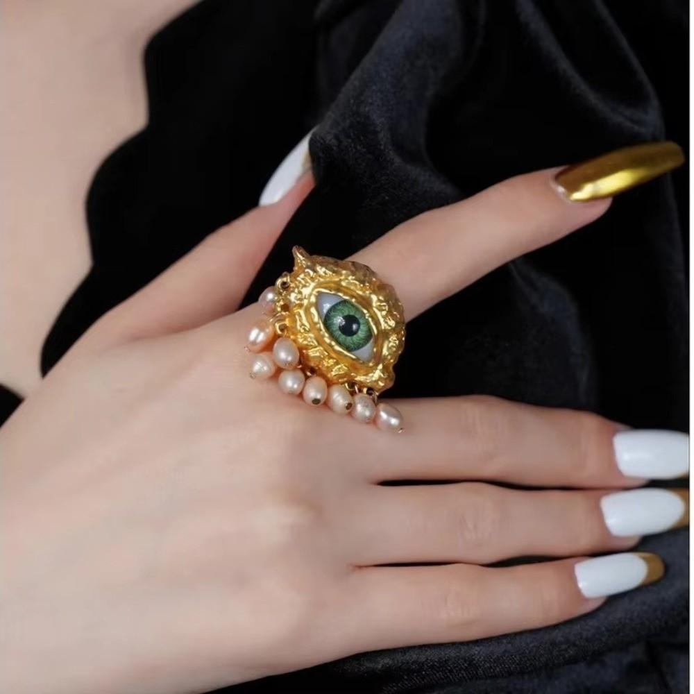Metal Evil Eyes Rings Tassel Design Imitation Pearl Devil's Eye Ring Exaggerated Opening Finger Trendy Jewelry For Women