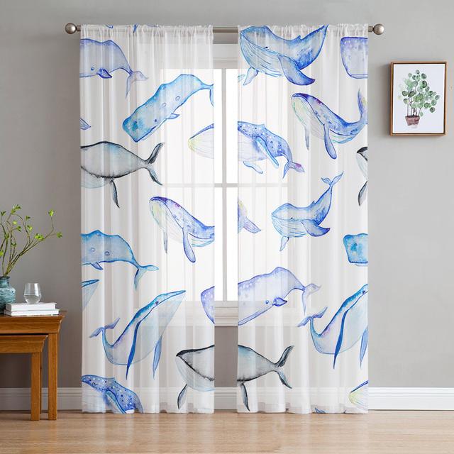 Whale Animal Illustration Tulle Curtains For Living Room Decoration Modern Chiffon Sheer Voile Kitchen Curtain