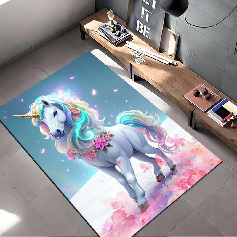 Enchanted Unicorn with Rainbow Mane Rug Non-slip rug suitable for living room and bedroom sofas.
