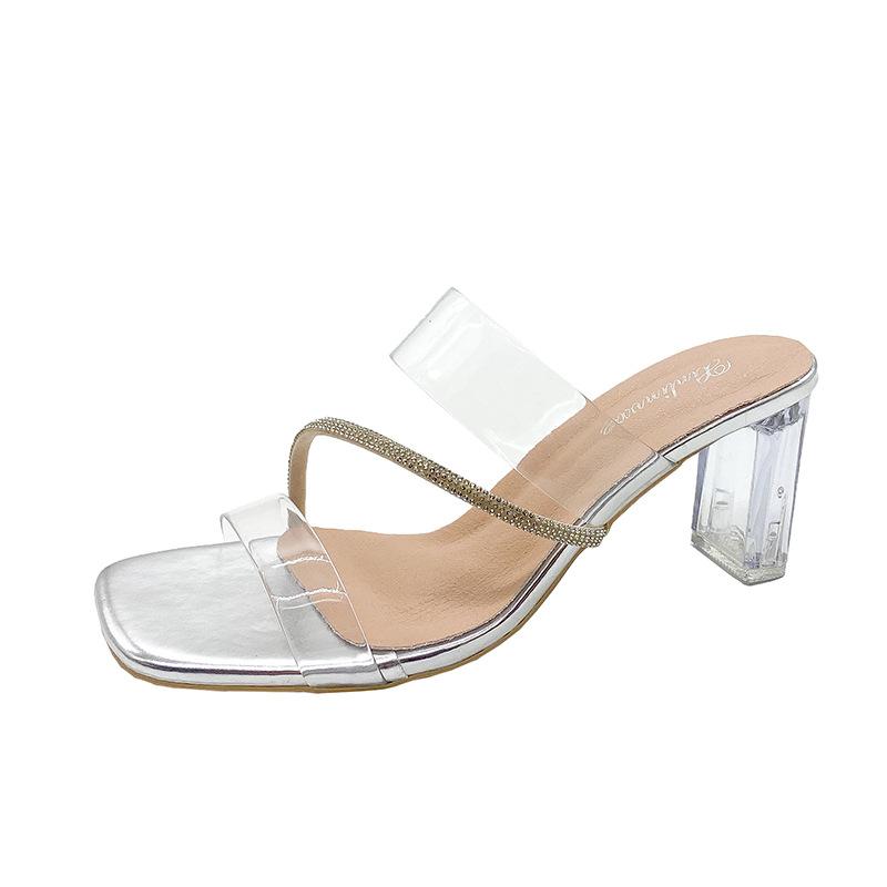 Summer New Transparent Word with Crystal Heel Sandals Women's High Heels Wear High Sexy Women's Thick Heel Cool Slippers