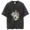 Y2k Hip Hop T-shirt, Harajuku Washed T Shirts For Unisex, Vintage Solid Denim Shirts Oversized Tops Men, Shark Graphic T Shirt