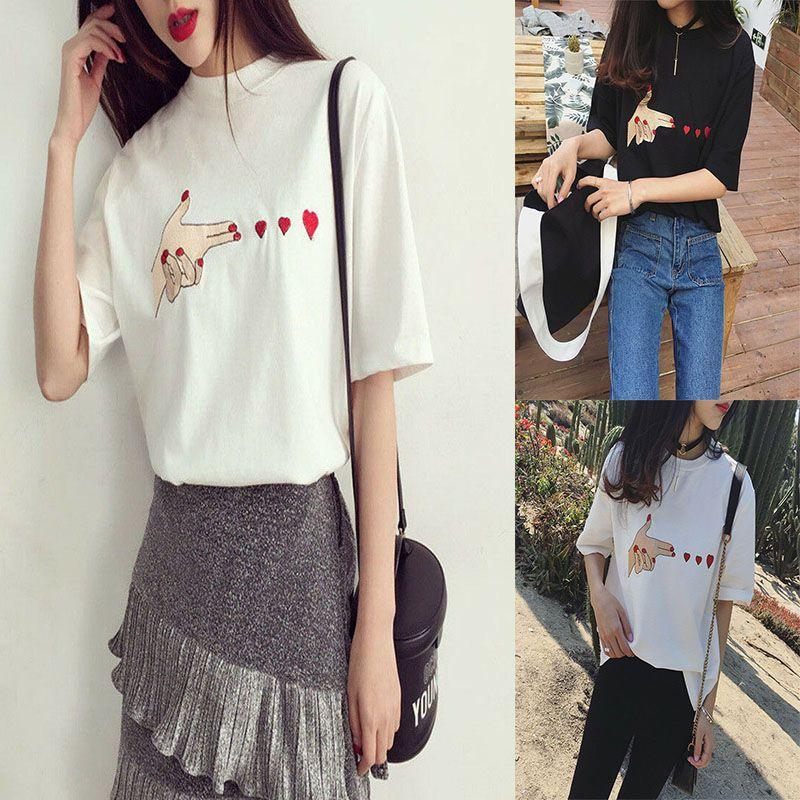 Fashion Women Girl Korean Summer Heart Print Casual T-shirt With Short Sleeves