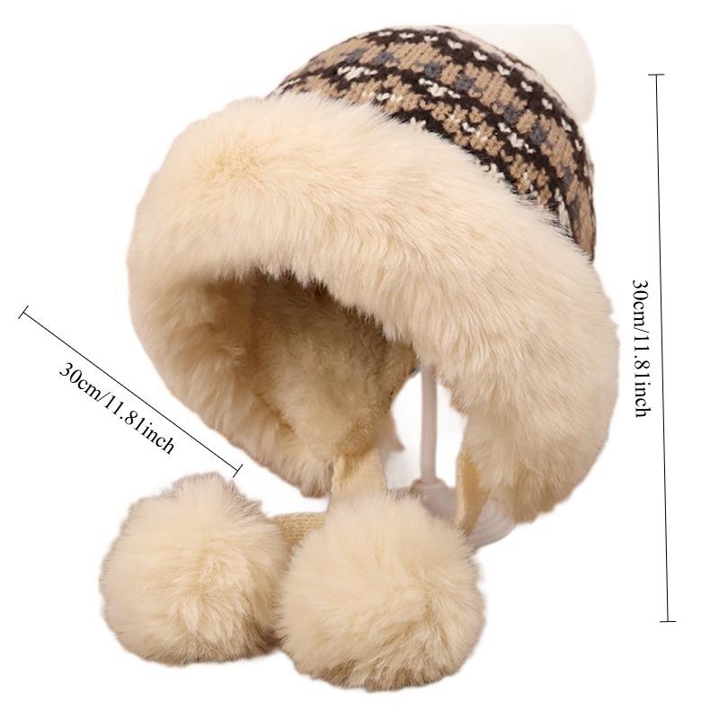 Retro Autumn and Winter Thickened for Keep Warmth Lei Feng Hat Women Fluffy Fur Ball Ear Protection Knitted Mao Line Hat