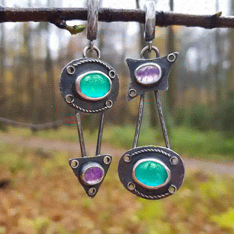 Stylish Antique Geometric Asymmetry Inlaid Long Earrings, Unique Vintage Jewelry