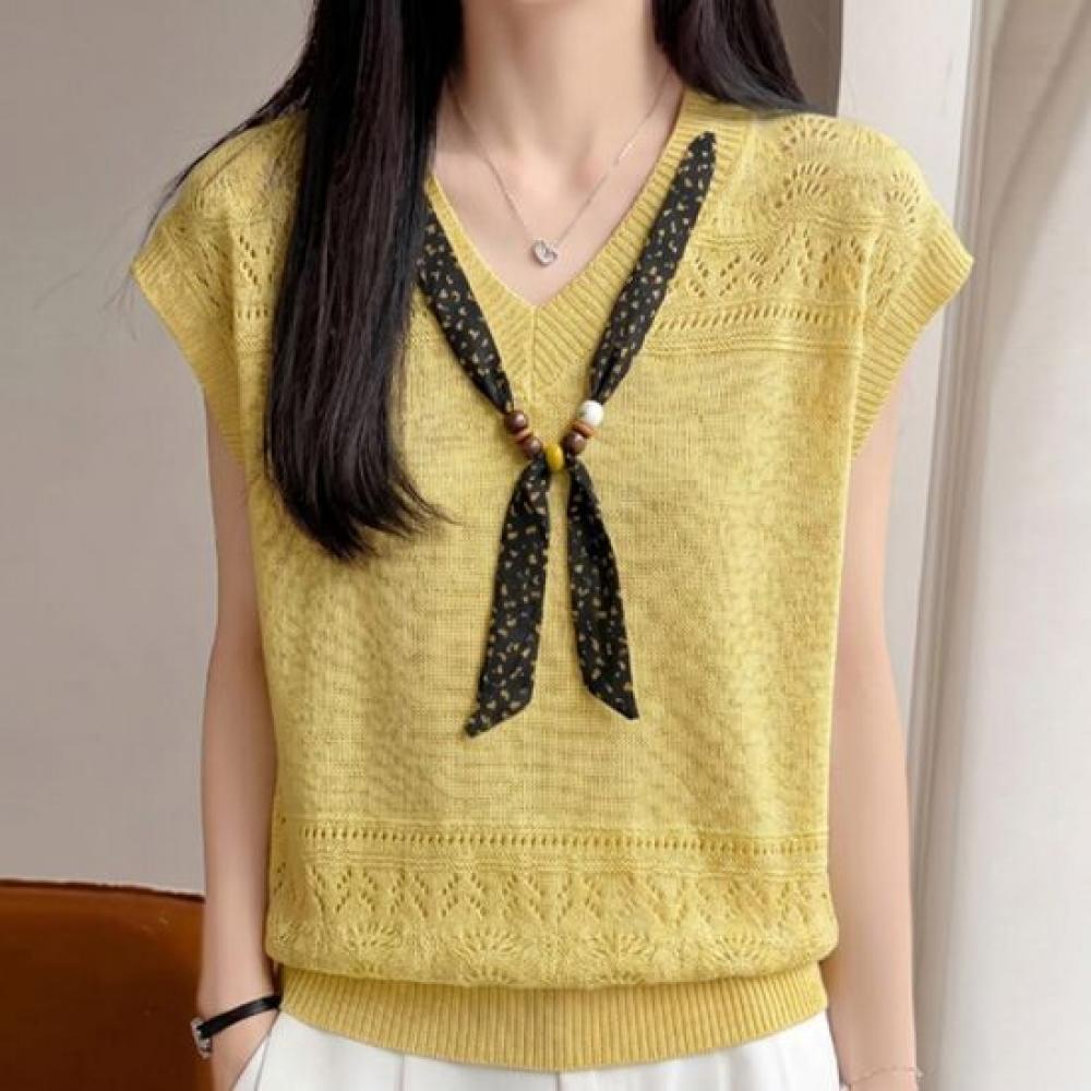 NaVaVa Women Thin Cool Punching V Neck Ribbon Cap sleeVe Knit Top Nk3727