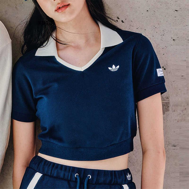 Adidas Originals X Notitle FW23 Contrast V-Neck Crop Polo Shirt Women Tops Blue IN1083