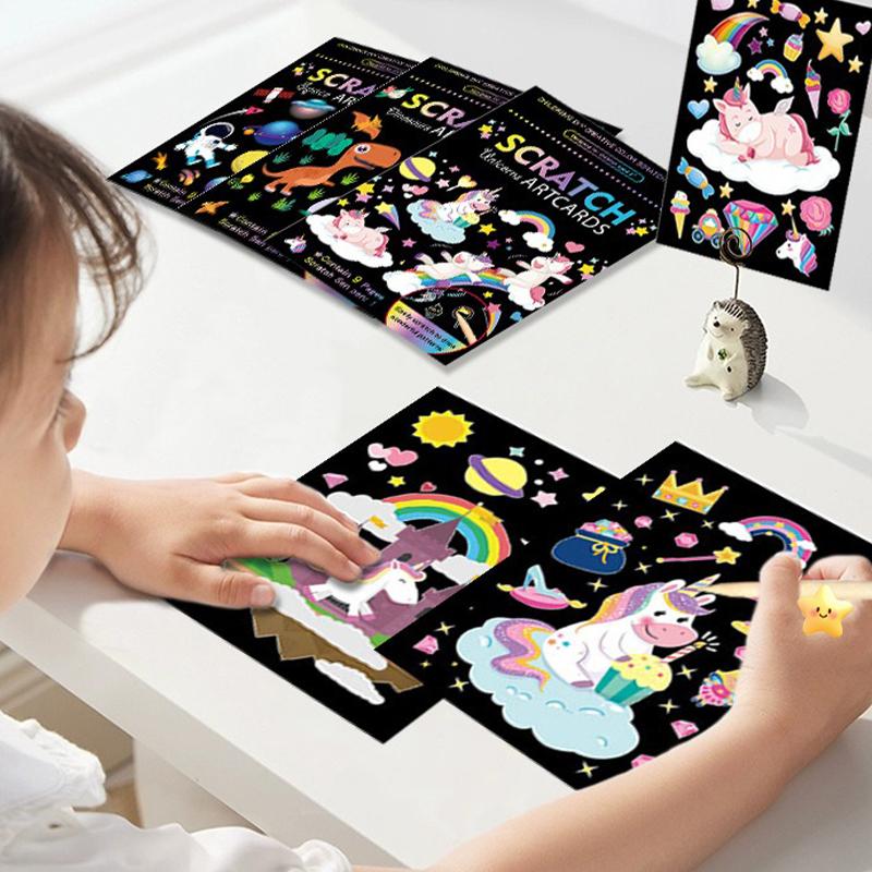 18 PCS Scratch Painting Papers Magic Rainbow Colored Drawing Set Space Animal Ocean Pirate Bamboo Stick Gifts for Boys Girls ZYF
