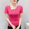 New Summer Women's T-shirt Sexy Skew Collar Shiny Diamonds Tees Fashion Female Short Sleeves Slim Mesh Tops Blouse