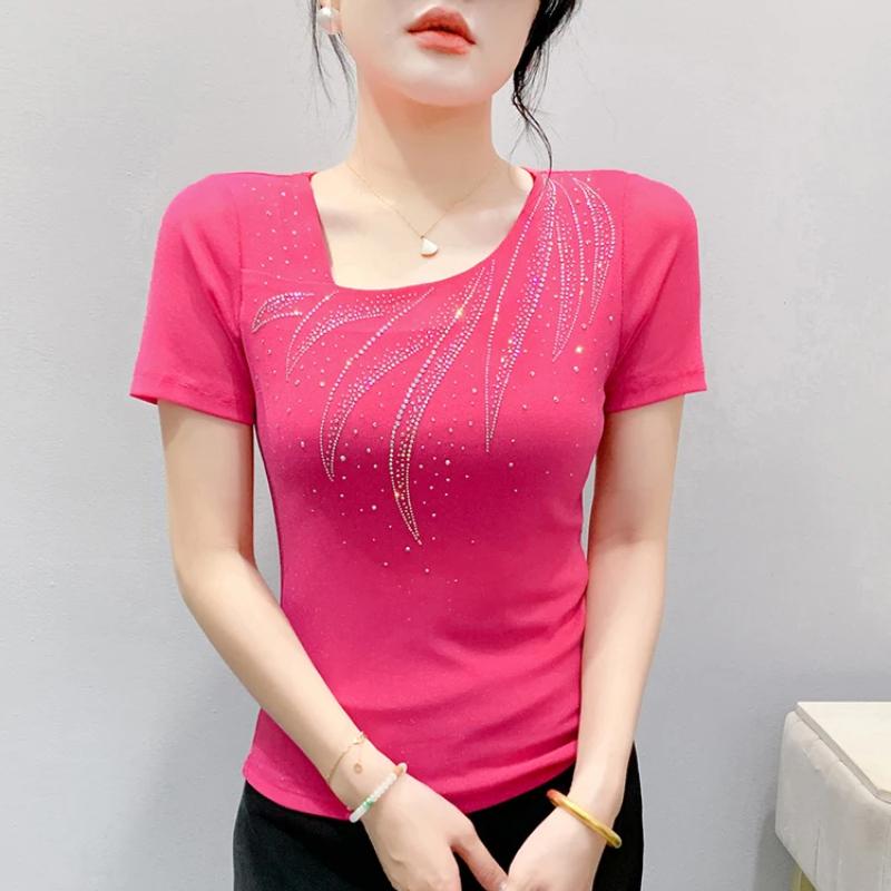 New Summer Women's T-shirt Sexy Skew Collar Shiny Diamonds Tees Fashion Female Short Sleeves Slim Mesh Tops Blouse