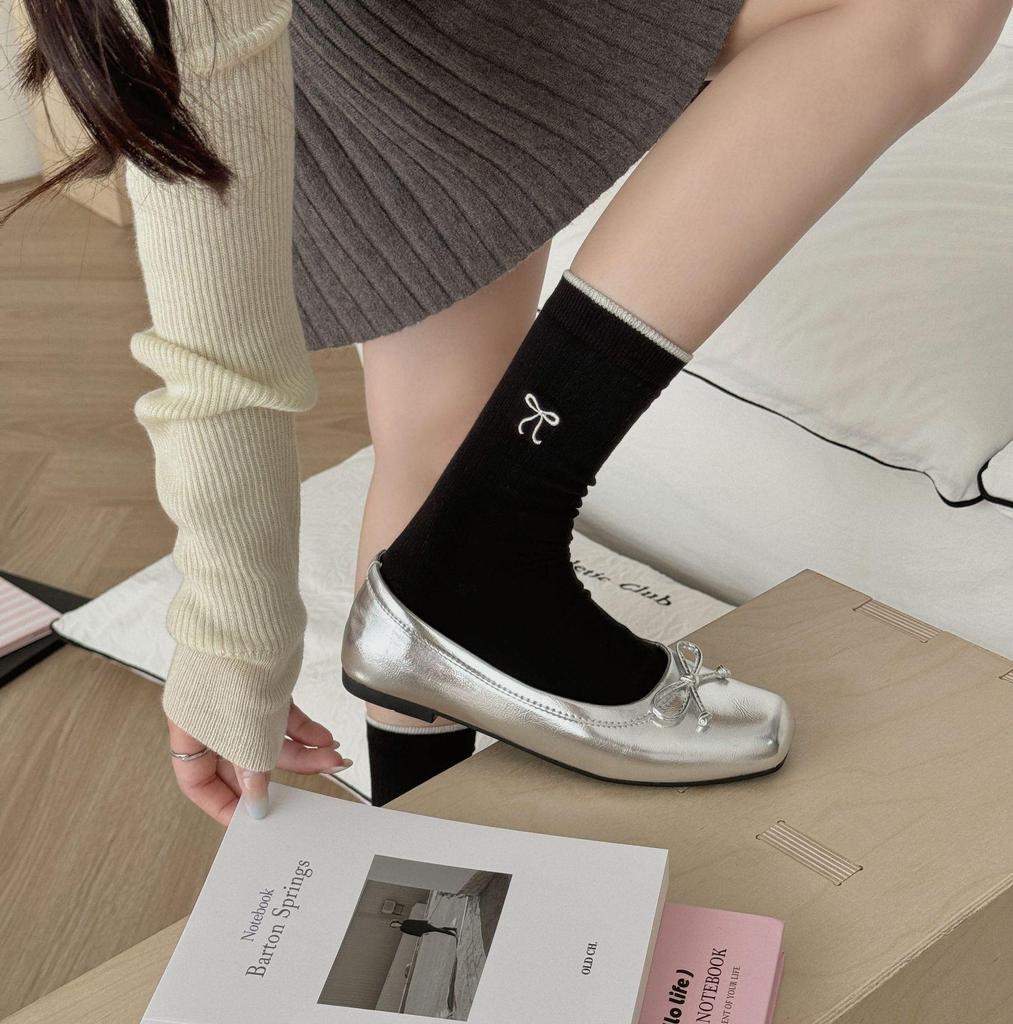 Gray-Blue Striped Embroidered Bow Socks for Women – Korean Ballet Style, Trendy All-Match Socks