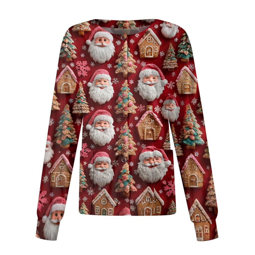 Women's Christmas-printed Casual Long-sleeved Single-breasted Work Uniform Cardigan