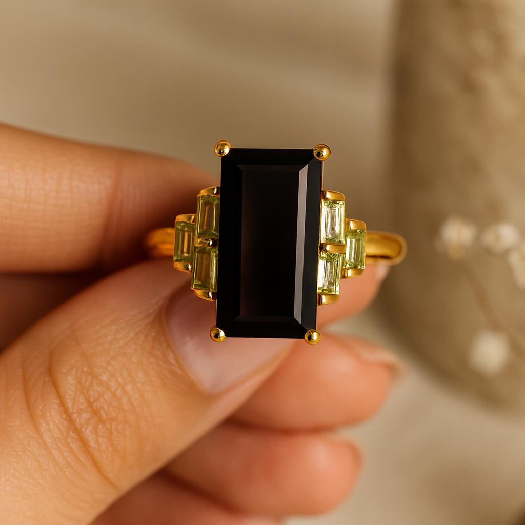 Wedding Engagement Anniversary Promise Gift – Natural Black Onyx and Real Peridot Ring, Vintage Art Deco Yellow Gold Plated Handmade Jewelry