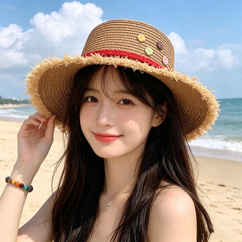 

New Summer Collection Fringed Straw Hats for Women – Beach Vacation Flat-Top Hats Sweet Style That Flatters the Face Woven Straw Sun Protection Hats хакі