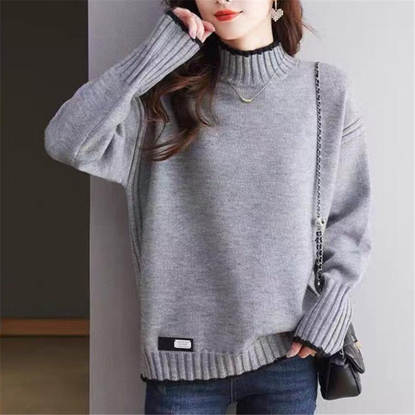 Plus Size Color Block Half-High Neck Sweater - Women's Loose Autumn/Winter Knit Pullover