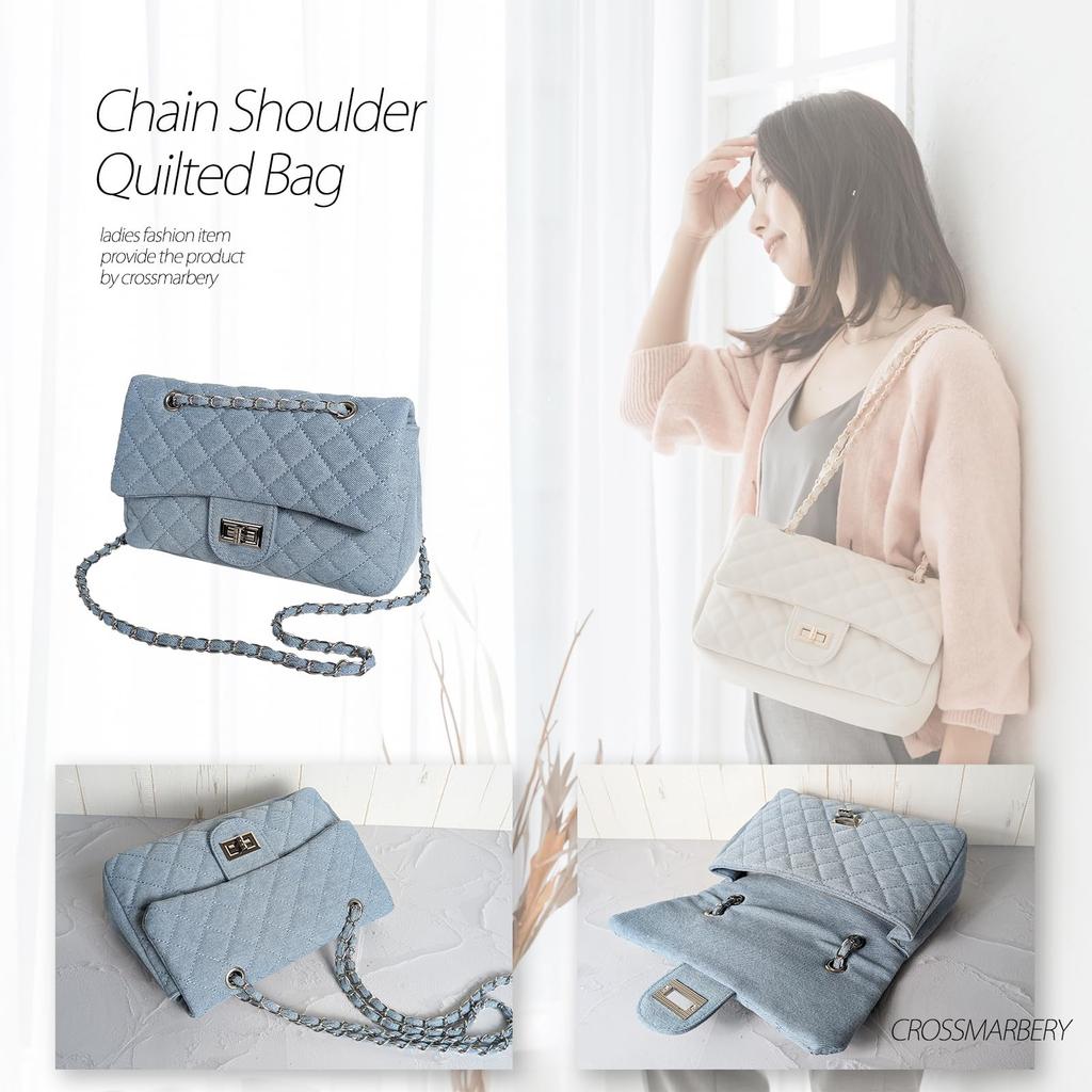 Crossmarberry Shoulder Perfect for Summer Large Denim Quilted Shoulder Fits Women in Their and with a Chain and Zipper R47 Denim Women's Bag, Large,
