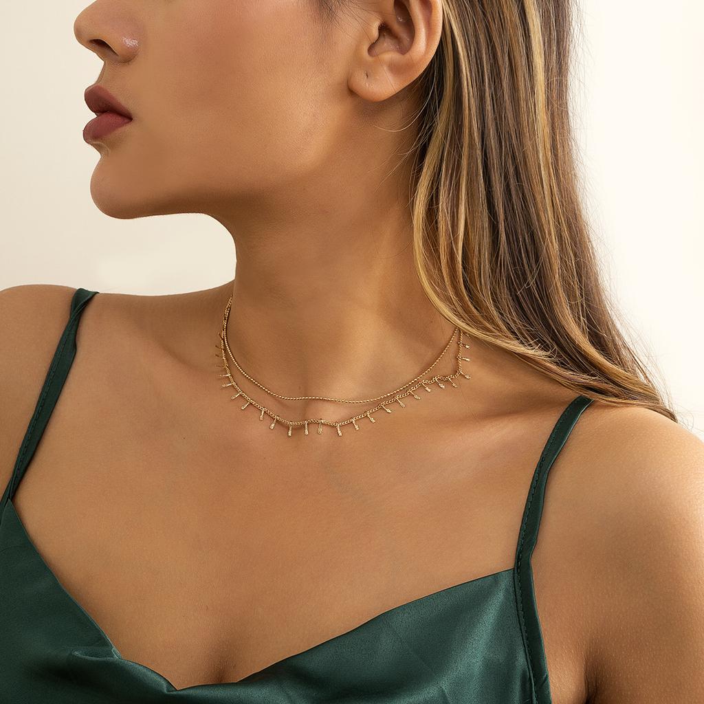 Accessories, simple metal fringed double-layer necklace women, versatile geometric round bead chain collarbone necklace