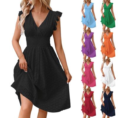Women's Fashion Ruffle Sleeve Mid-Length V-Neck Lace Hollow Solid Color Casual Dresses