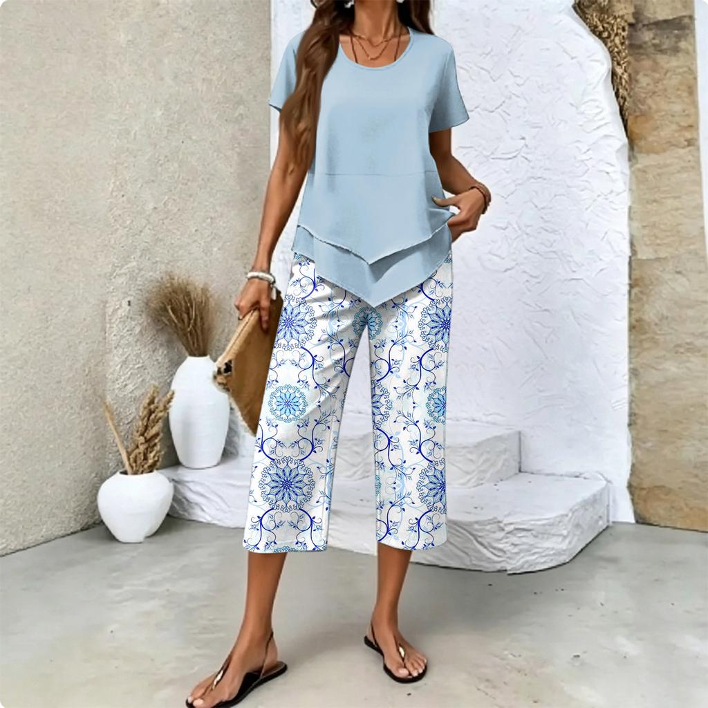 Women's Casual Short Sleeve Printed T-Shirt and Pants Set - Round Neck Summer Top with 3/4 Length Bottoms - Fashionable Outfit for Women