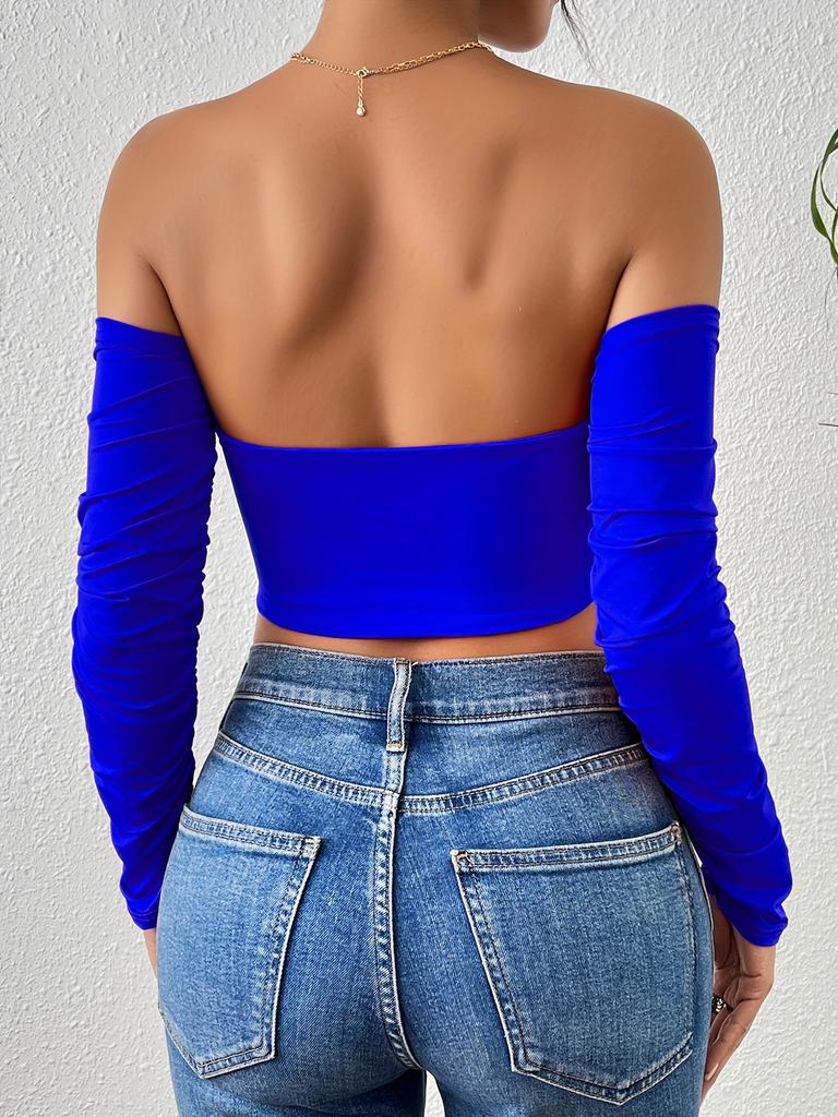Solid Off-shoulder T Shirt Basic Long Sleeve Drawstring Crop Top Women T-shirt Casual Tank Top Slim Female Crop Top Fashion Tee Shirt Y2k Streetwear