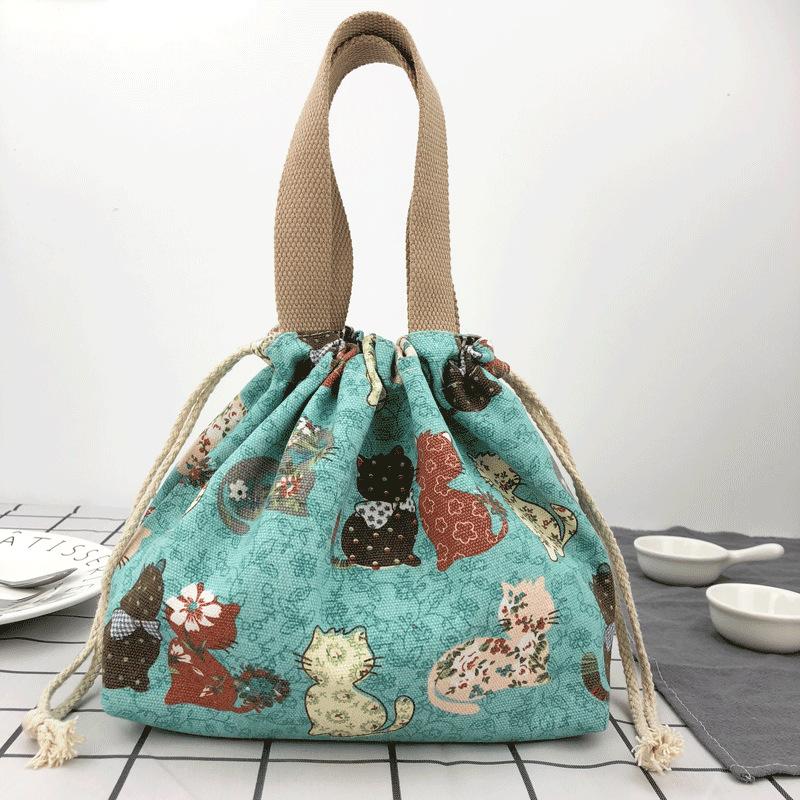 Japanese Cute Bento Bag Tote Handheld Canvas Lunch Bags Cartoon Anime Drawstring Bag Portable Foldable Holds Two Lunch Boxes