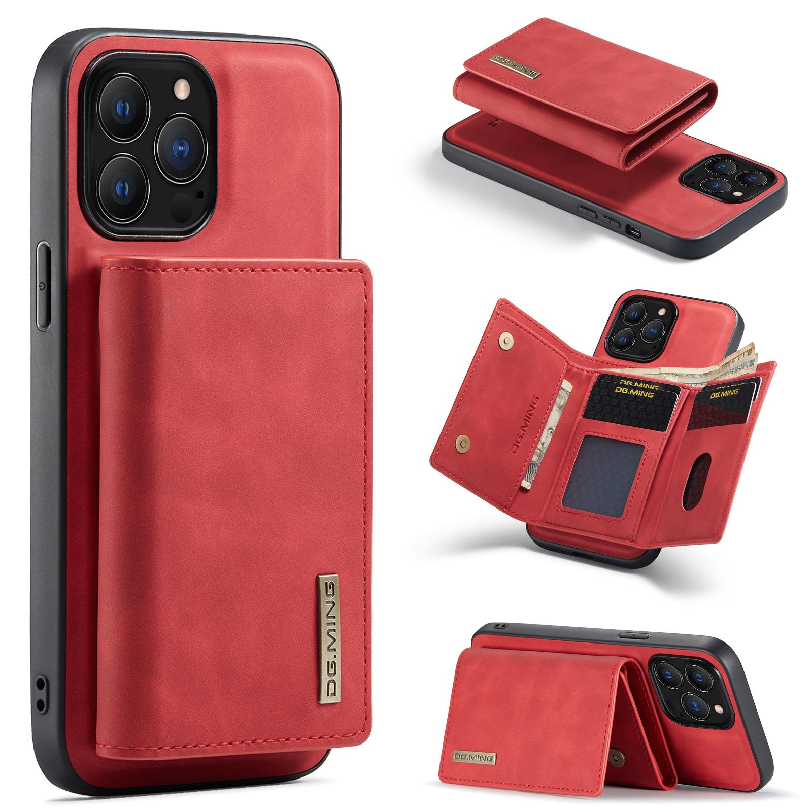 

DG.MING M1 Series for iPhone 16 Pro Max Case Kickstand PU Phone Cover with Detachable Wallet Red