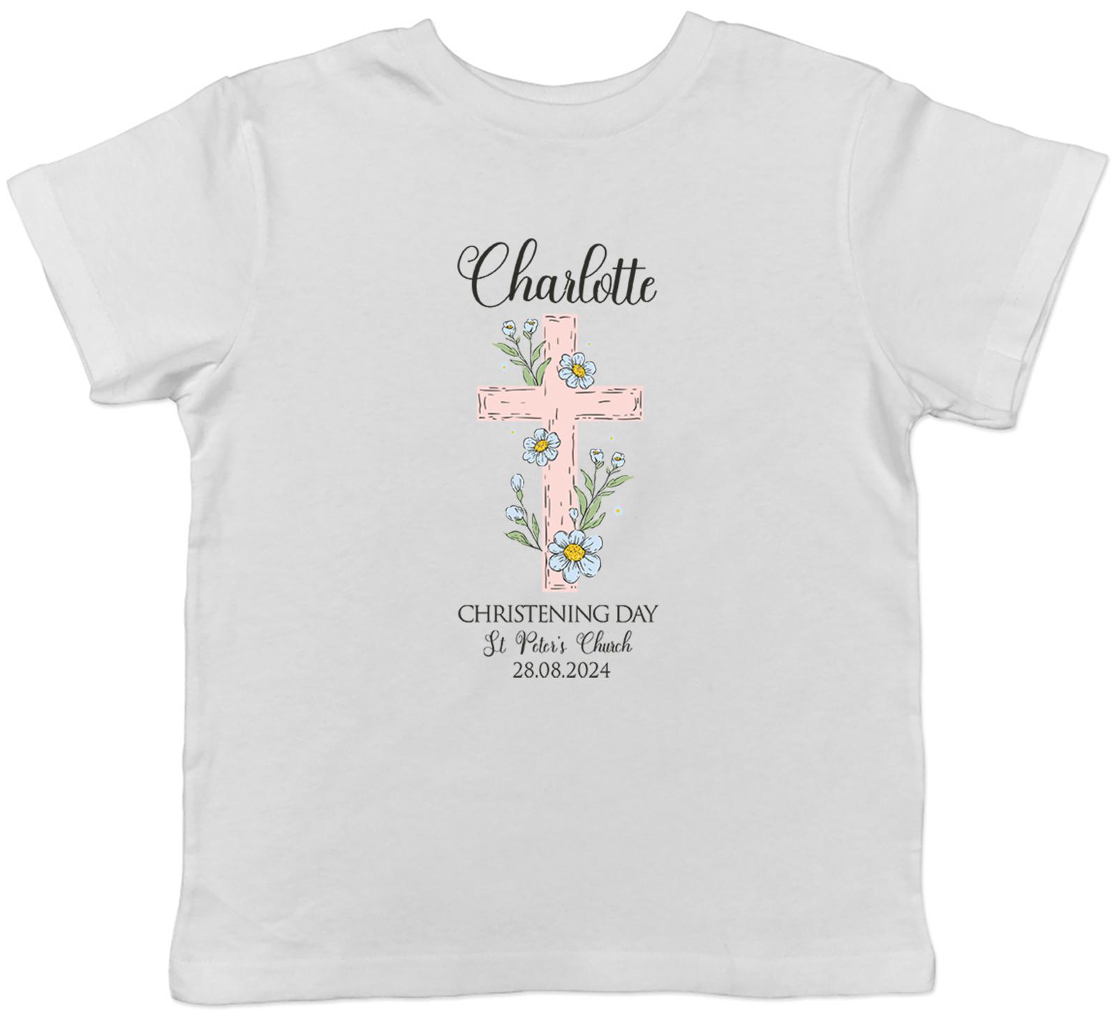 Personalised Christening Day Pink Cross Flowers Kids T-Shirt Boys Girls Gift 100