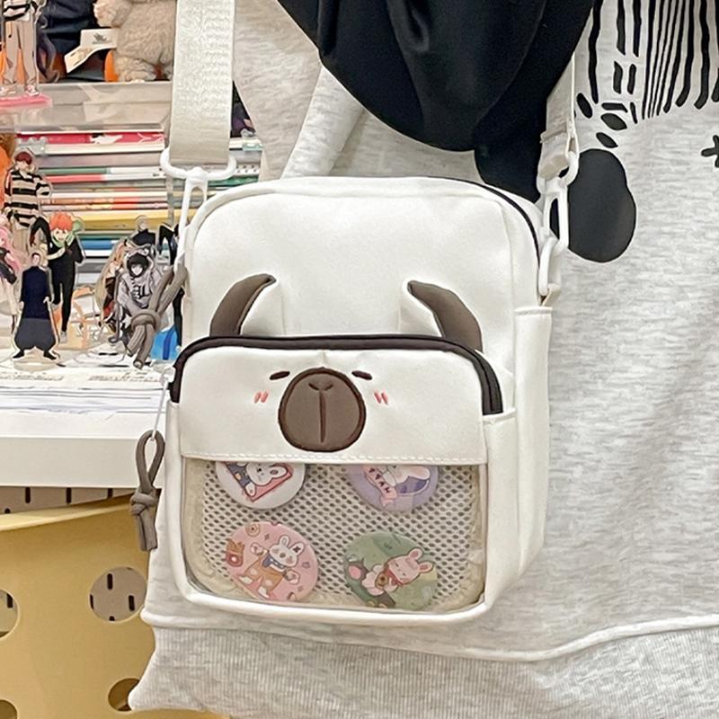 Kawaii Capybara Anime Crossbody Bag Versatile Student Casual Messenger Bag Sweet Translucent Cute Lightweight Canvas Multipurpose Shoulder Bag