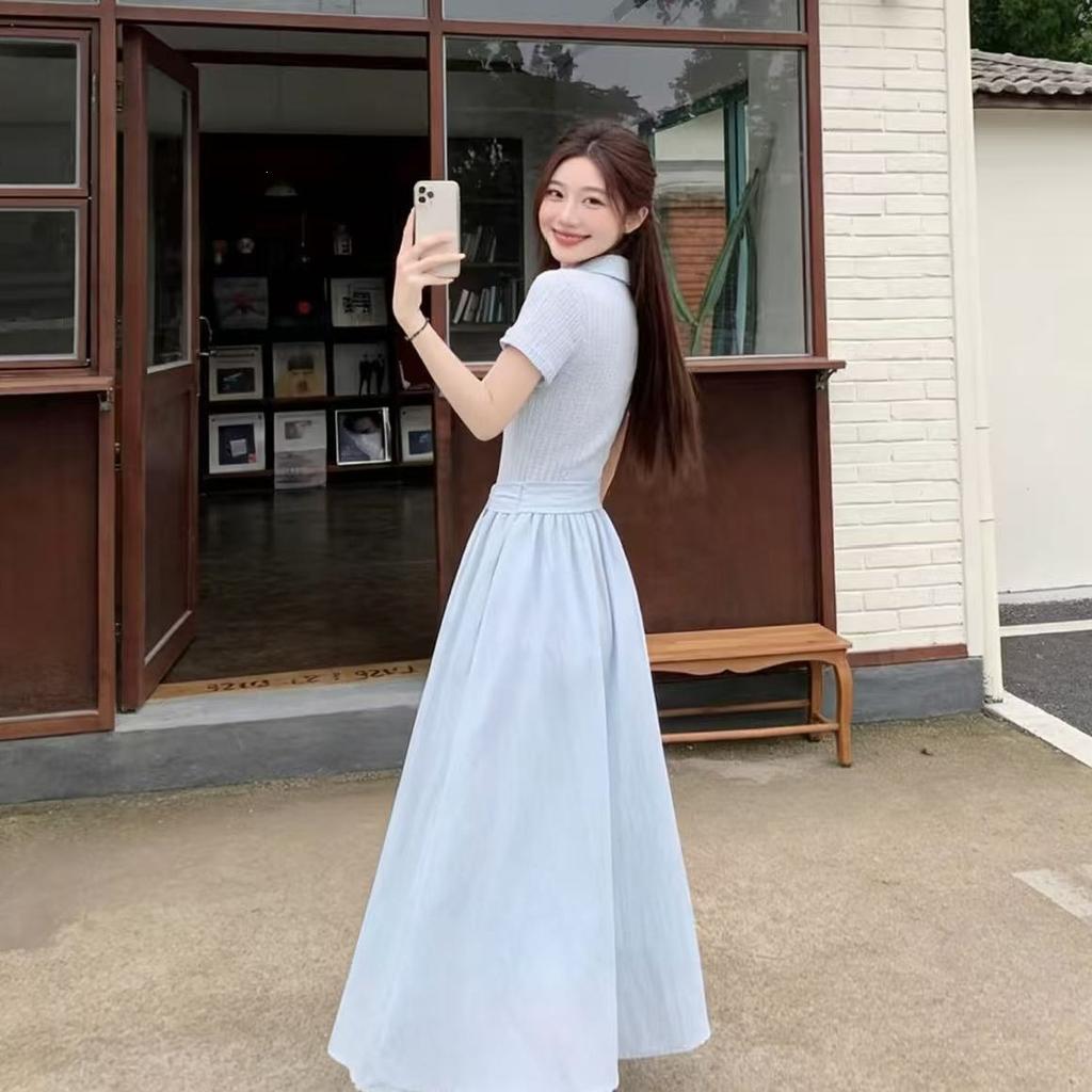 Blue Polo Collar Short-sleeved Dress Children's Summer 2026 New Sweet and Big-looking College Style Waist Pinch Dress