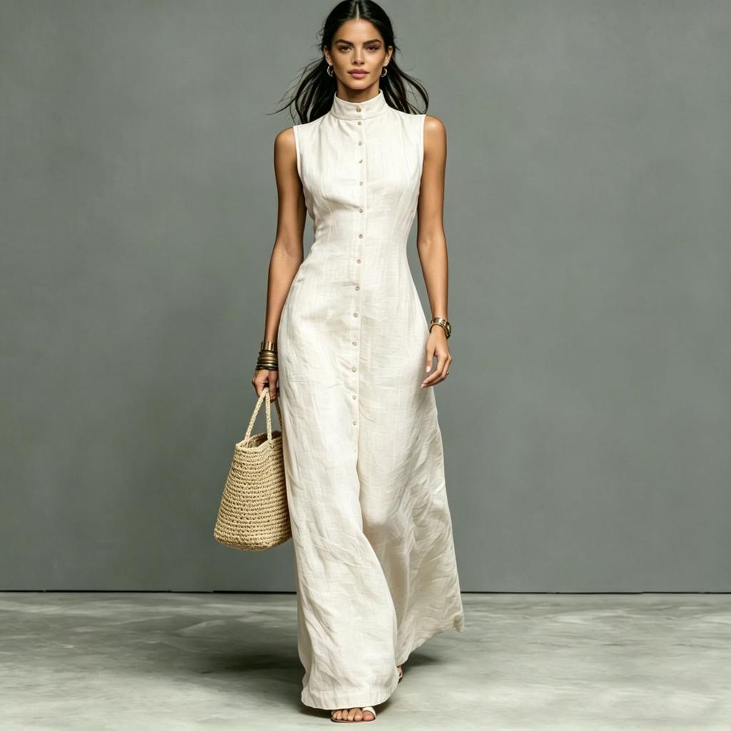 Damen ärmelloses Maxikleid mit hohem Kragen und Knöpfen, einfarbig, lässig, locker sitzend, Sommerkleid
