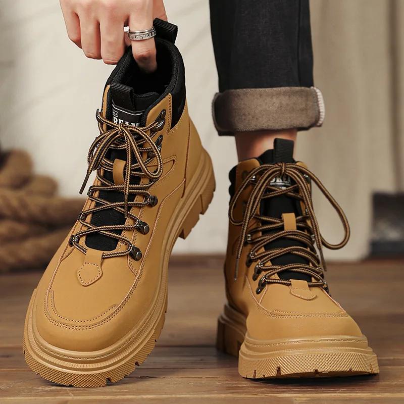 2024 Herbst Neue Britischer Stil Herren Lederstiefel High Top Dicke Sohle Einfarbig Modetrend Herrenstiefel